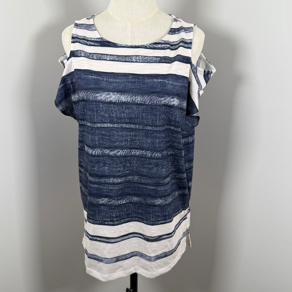 Zenergy by Chicos Womens 1 M 8 Cold Shoulder Top Blue White Striped Short Sleeve